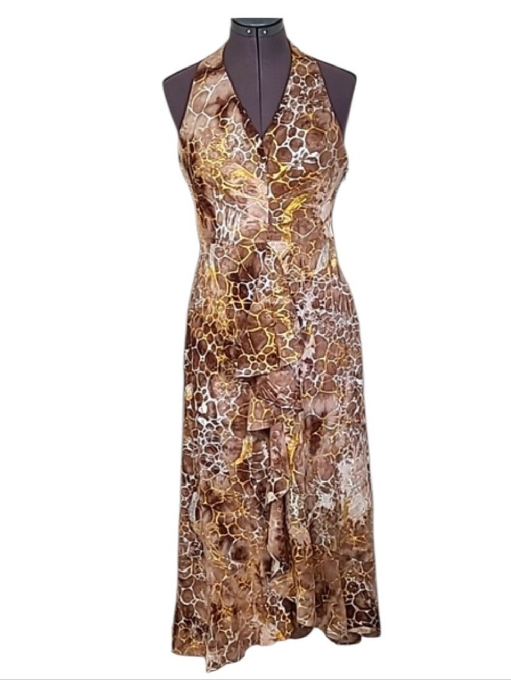 Y2K Joseph Ribkoff Halter Dress Cocktail Shimmery Gold Silver Sheer Matrix